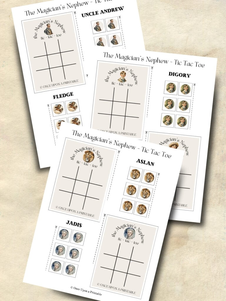 Narnia themed tic tac toe card printables laying on top of each other on a creamy background. 
