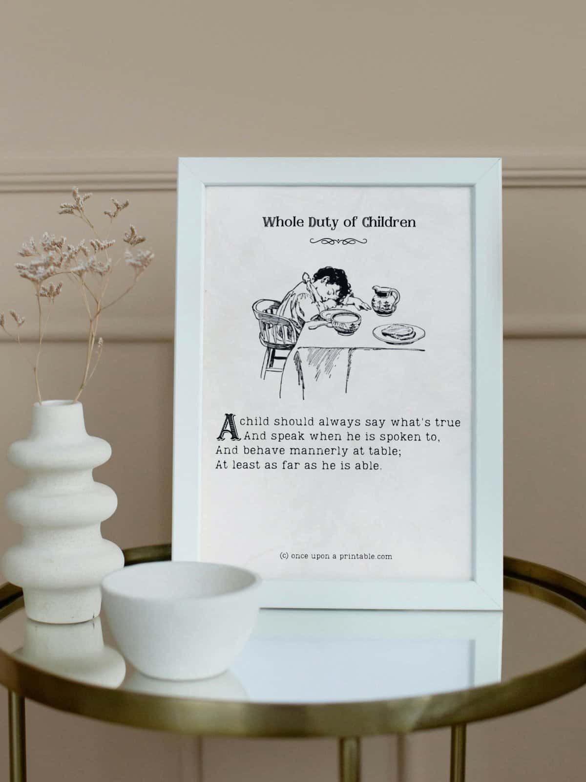 "Whole duty of a child" poem and original illustration framed on display.