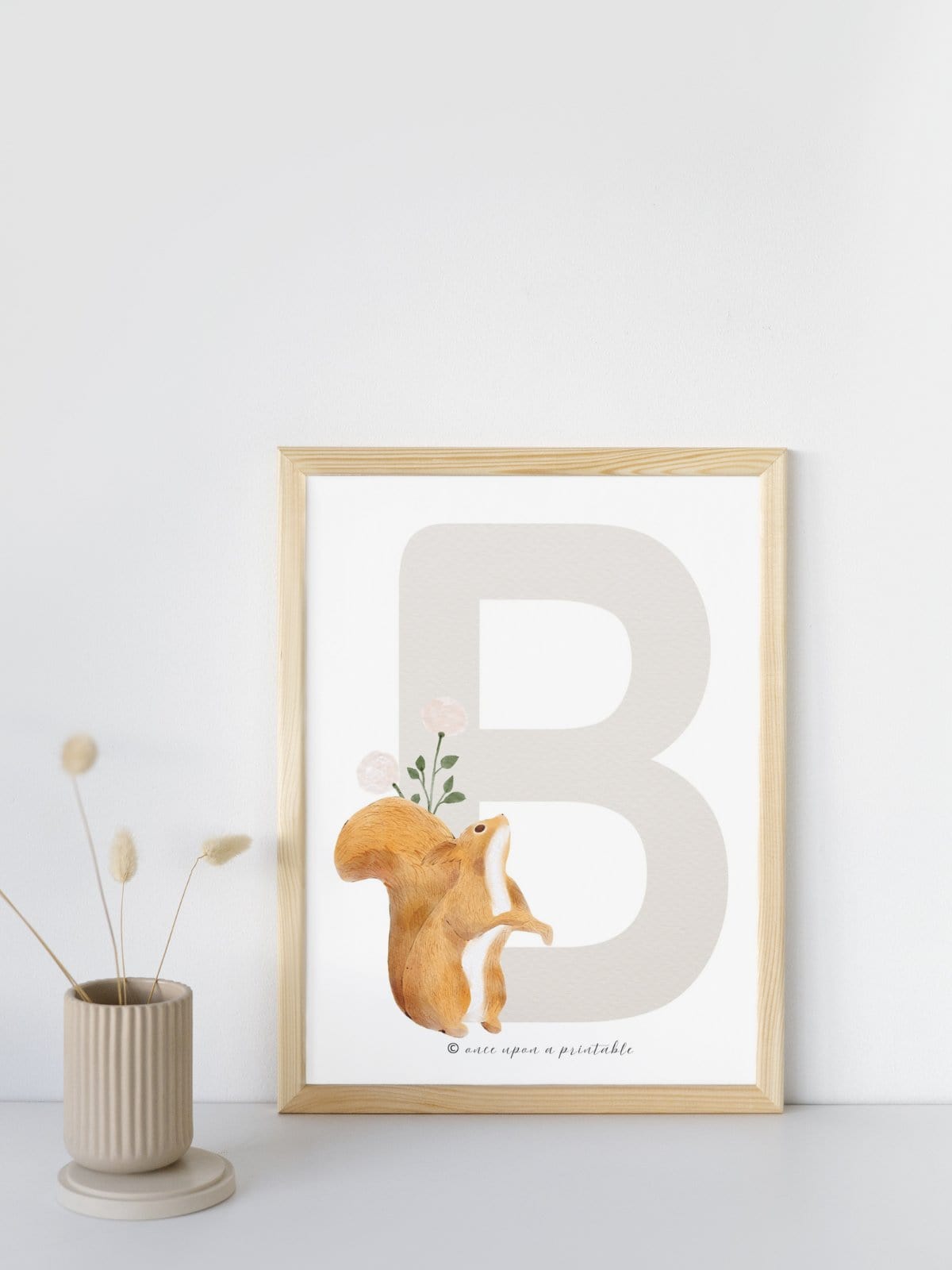 Woodland animal letter B art in a frame. 