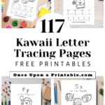 Kawaii style graphic coloring pages with letter tracing.