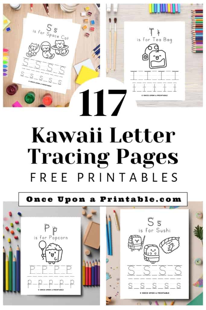 Kawaii style graphic coloring pages with letter tracing.