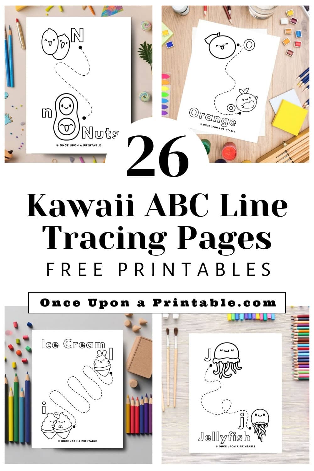 Cute Kawaii style graphic line tracing sheets with ABCs.