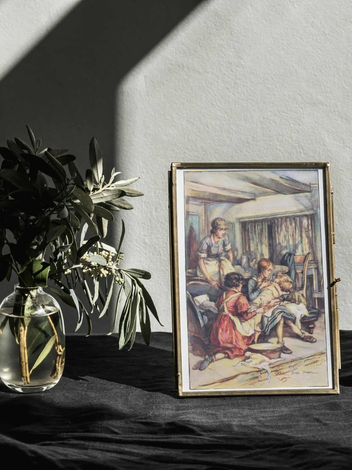 Anne Shirley nursing Minnie back to health, illustration by Sybil Tawse framed and on display.