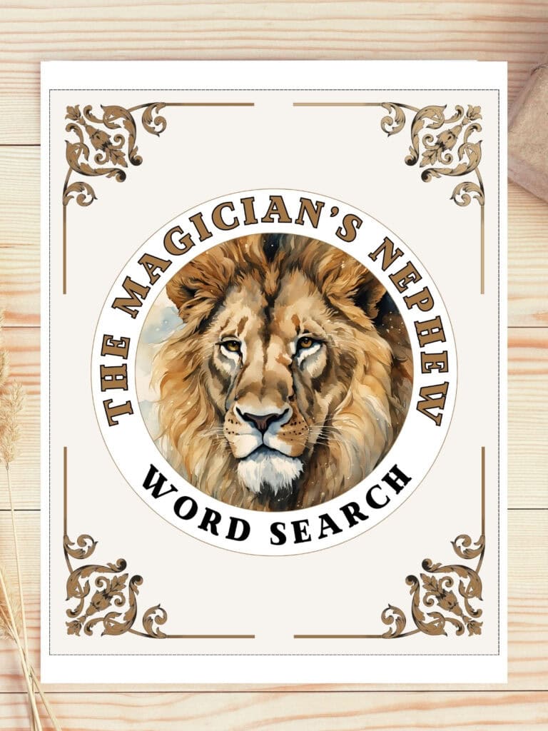 The Magician's Nephew word search cover page with Aslan the lion on the front.