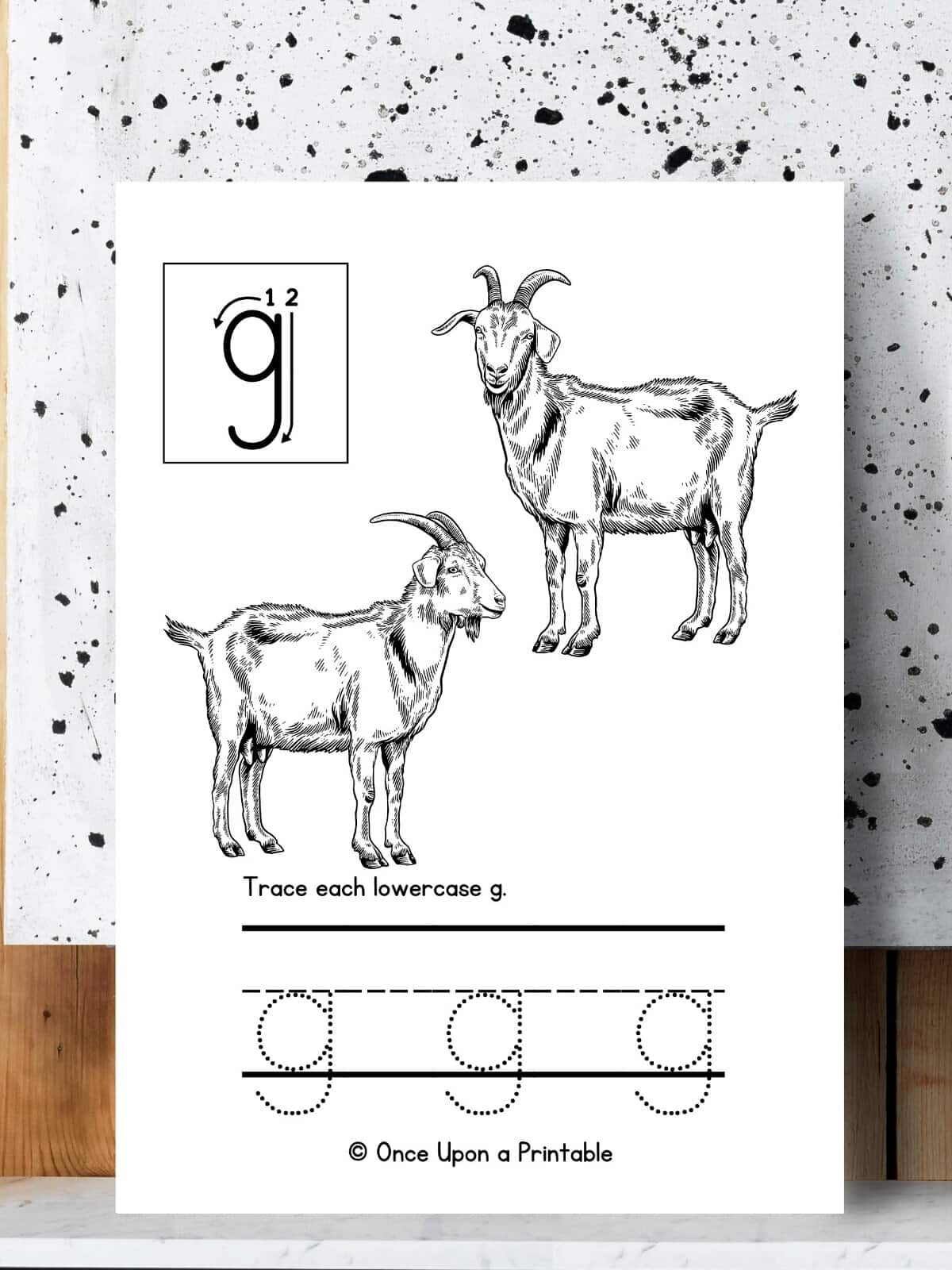 G is for Goat word tracing worksheet for kindergarten or preschool.