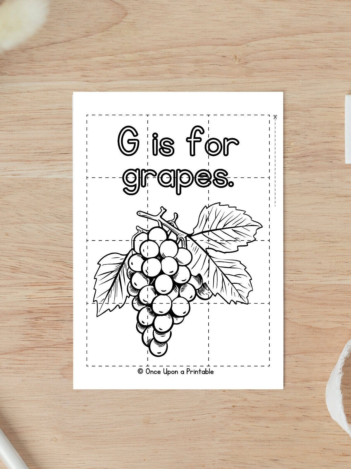 G is for Grapes coloring puzzle activity worksheet. 