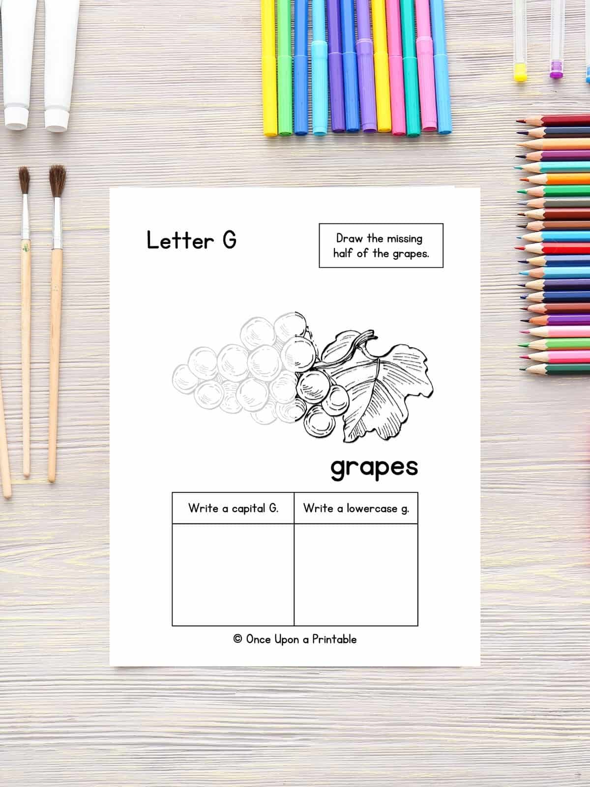 Grapes letter G activity worksheet, finish the picture. 