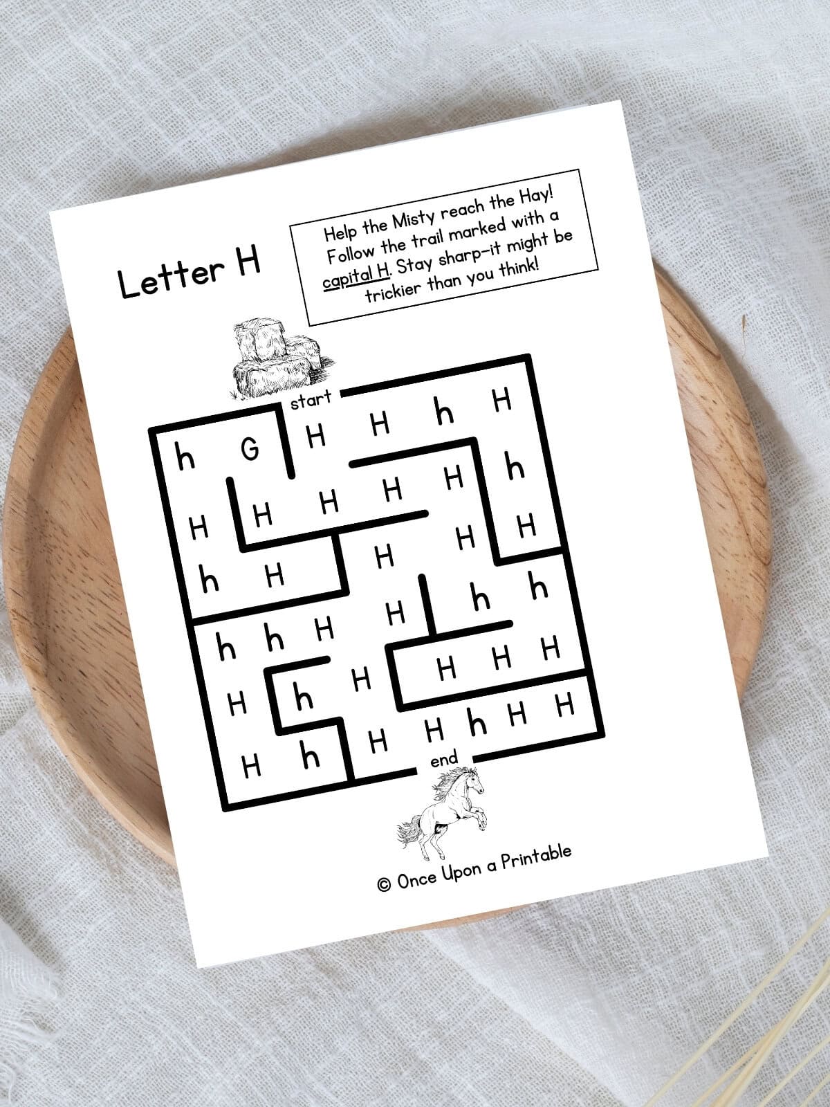 H Horse and hay letter maze page worksheet for preschool. 