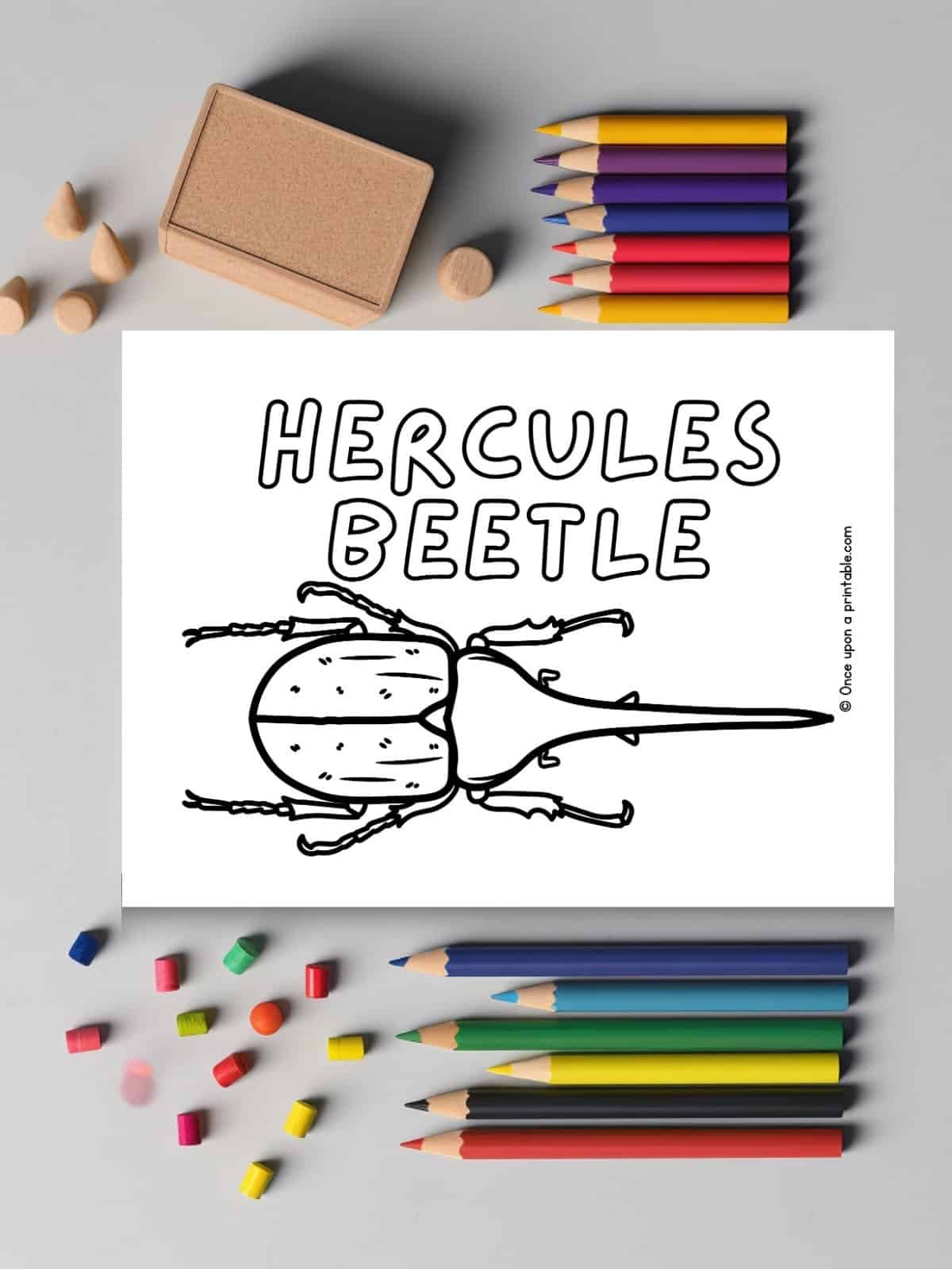 H is for Hercules Beetles coloring page laying on a table with coloring pencils. 