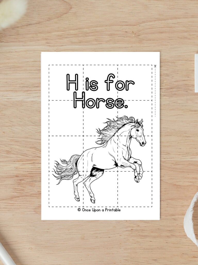 H is for Horse coloring puzzle page. 