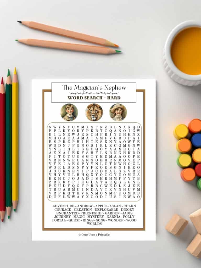 Hard word search printable of the Magician's nephew laying on a table with art supplies.