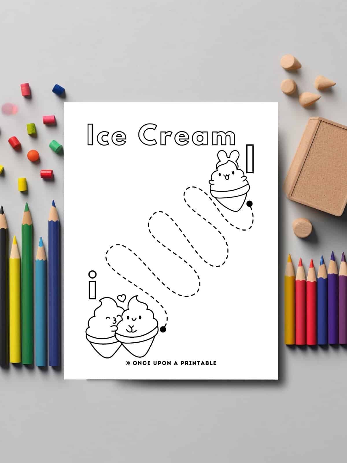 I is for Ice Cream tracing line worksheet and coloring page with ice cream cone graphics.