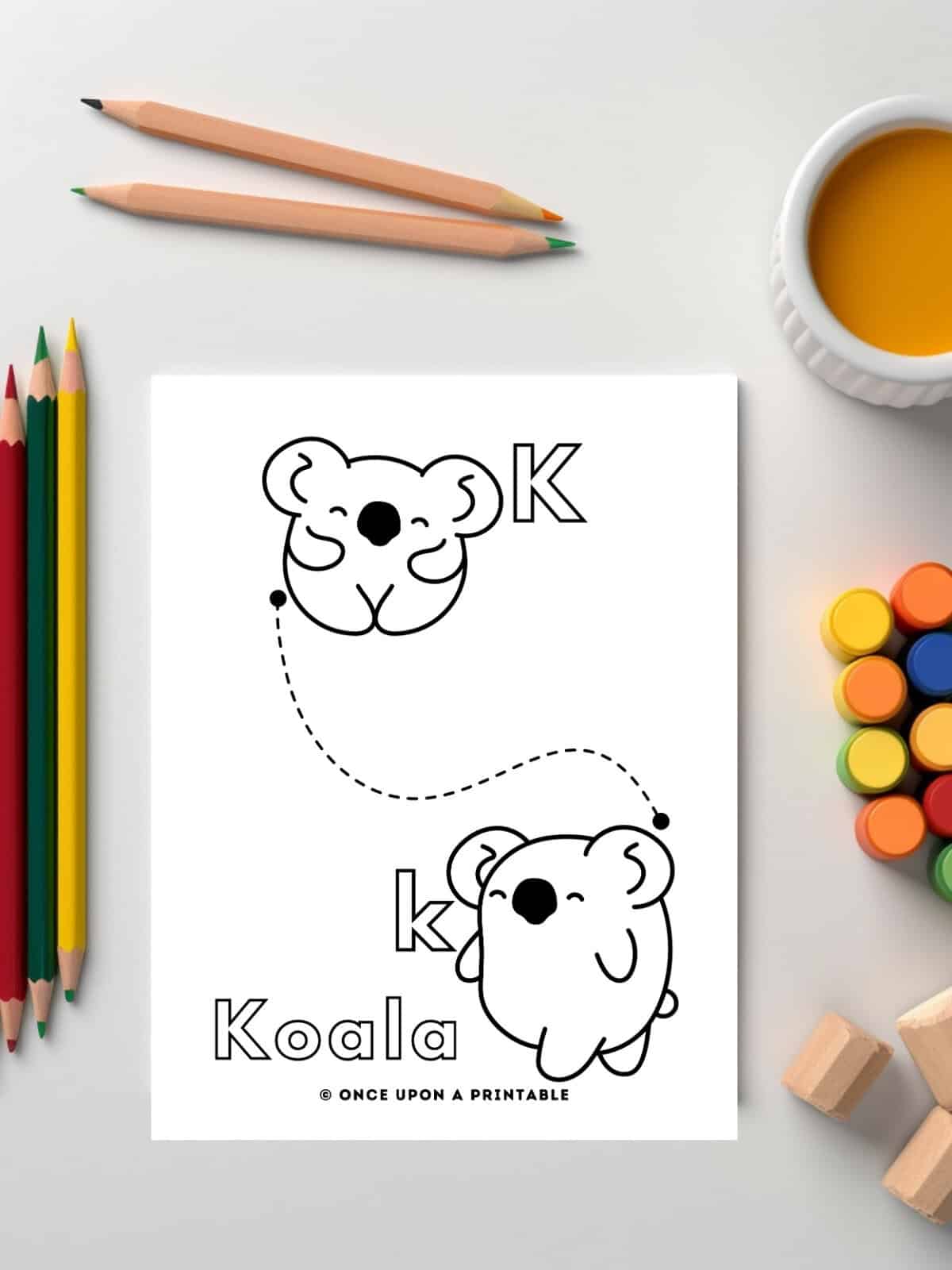 K is for Koala ABC line tracing pages with cute black and white graphics.