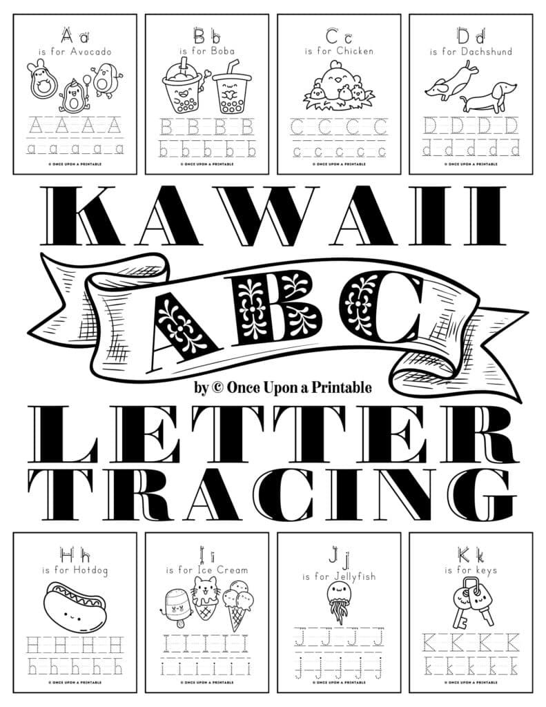 Kawaii style graphic coloring page tracing worksheets for kids in black and white.