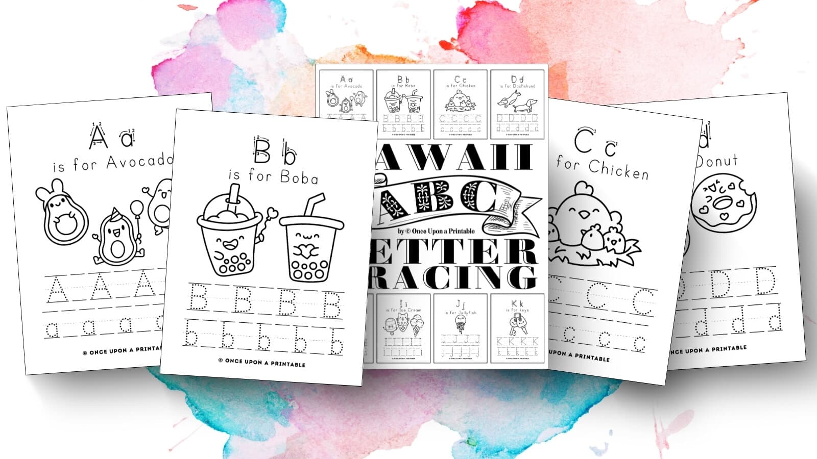 Cute coloring graphics of animals and food for kids with alphabet tracing lines. 