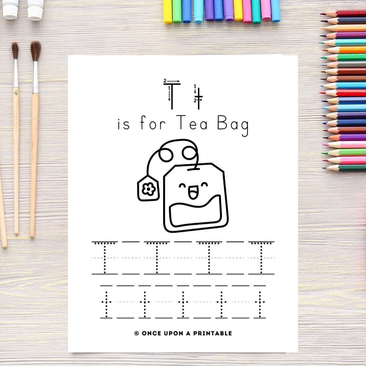 T is for Tea bag printable worksheet for kids with kawaii graphic for coloring.