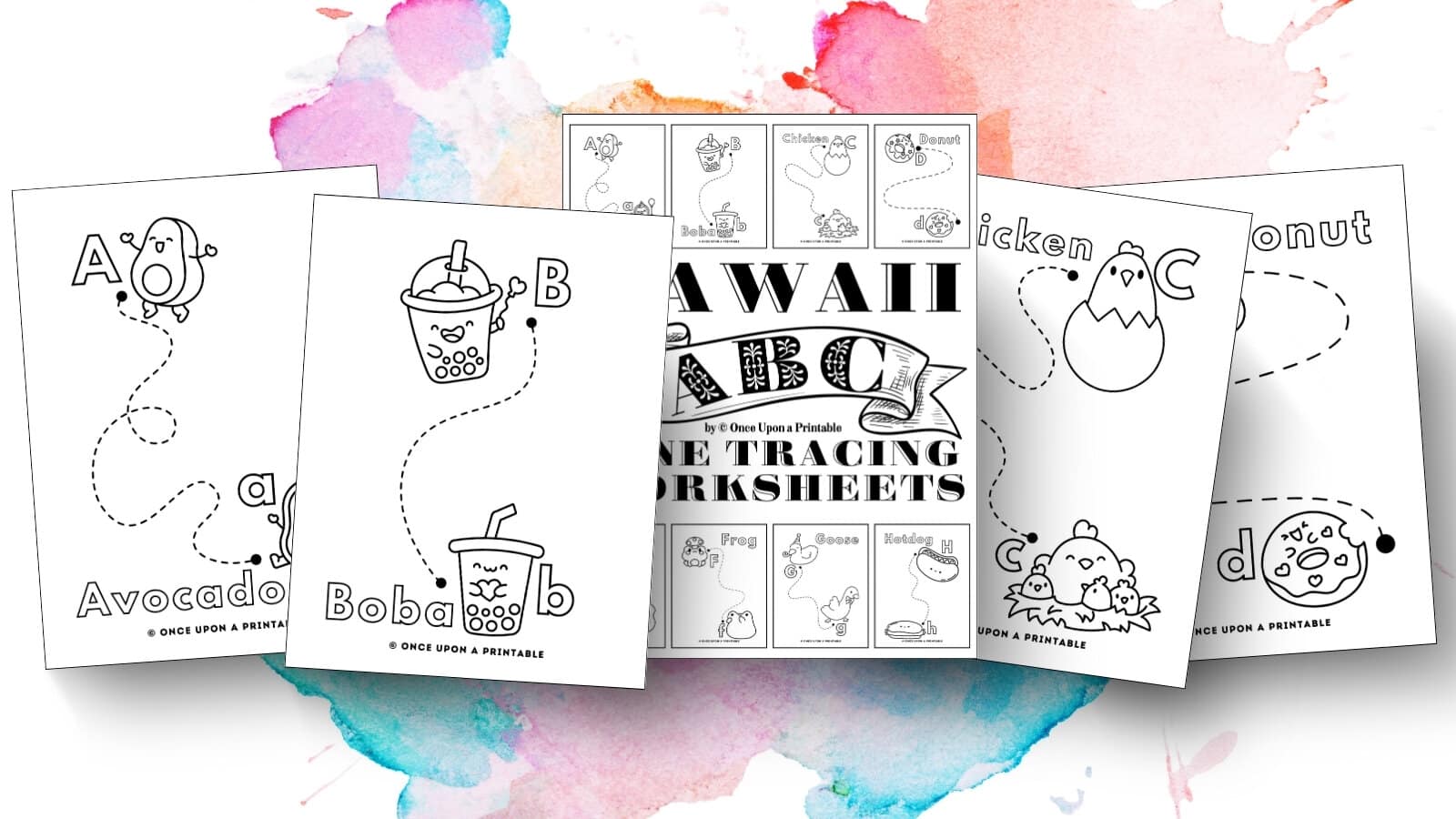 Kawaii style graphic ABC line tracing worksheets for kids on a rainbow splattered watercolor background.