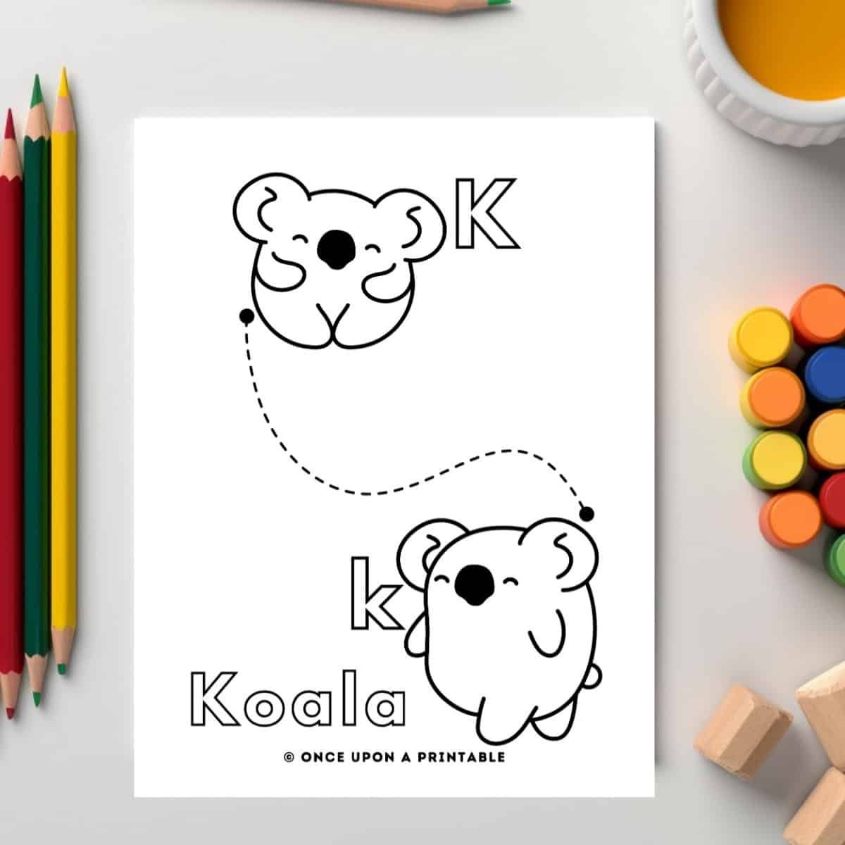K is for Koala ABC line tracing pages with cute black and white graphics.