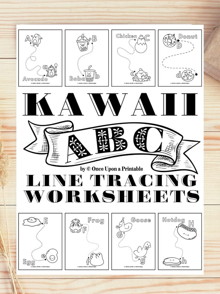 Cover page for Kawaii graphic style line tracing pages in black and white.