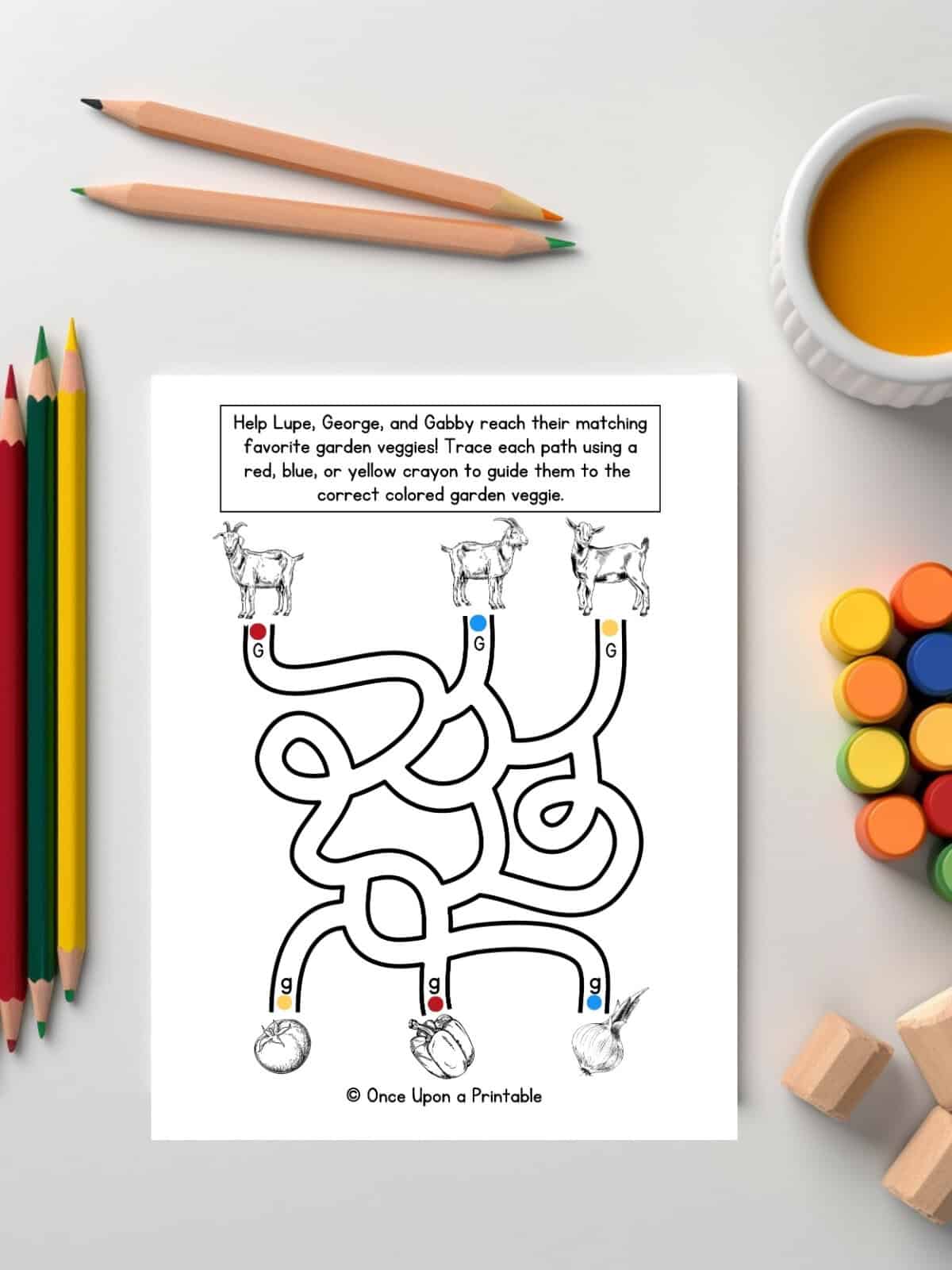 Letter G Goat, Garden, Veggie maze worksheet.