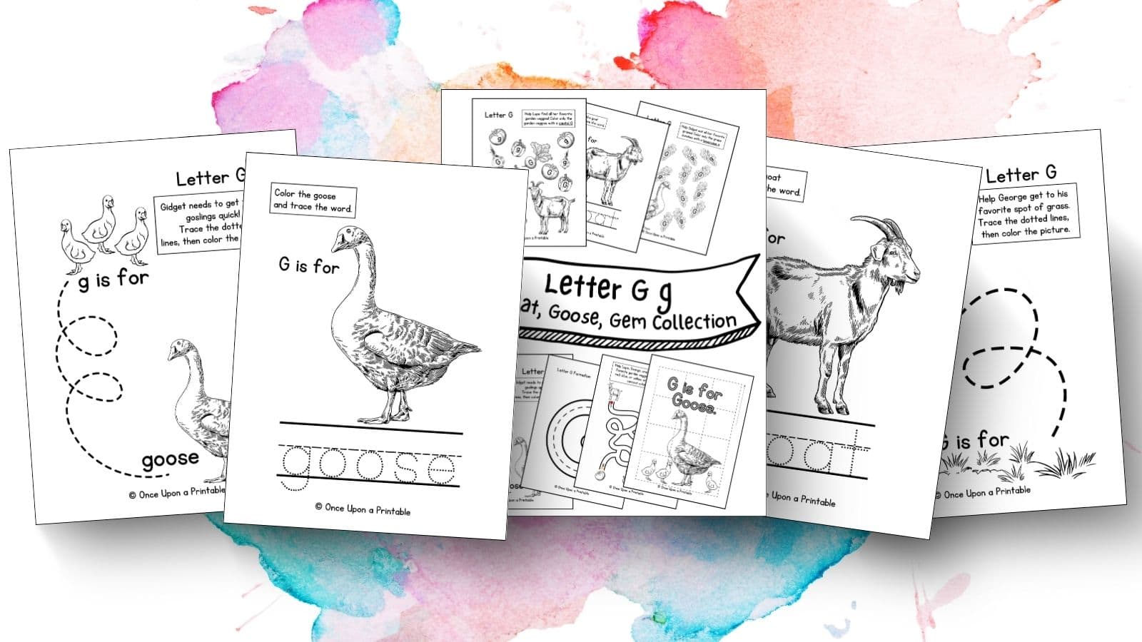 Letter G unit study worksheets for preschool and kindergarten laying on a splattered rainbow watercolor.