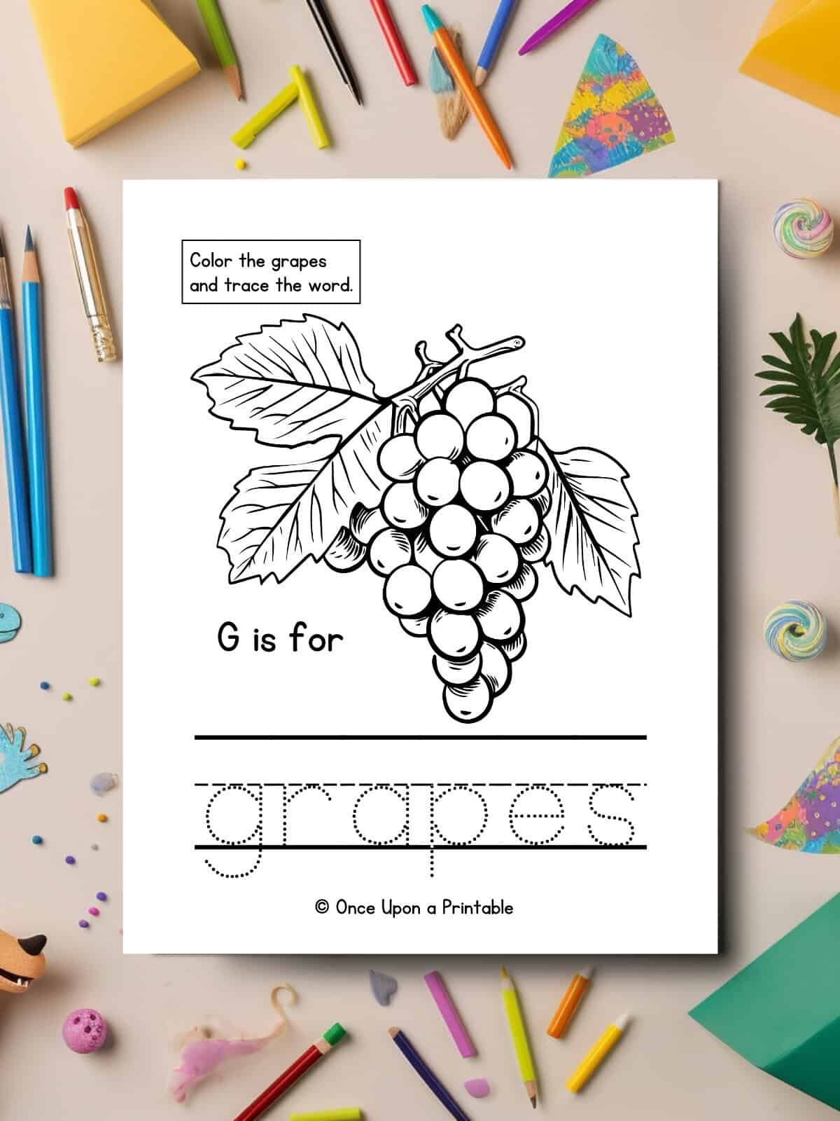 G is for Grapes coloring and letter tracing worksheet.