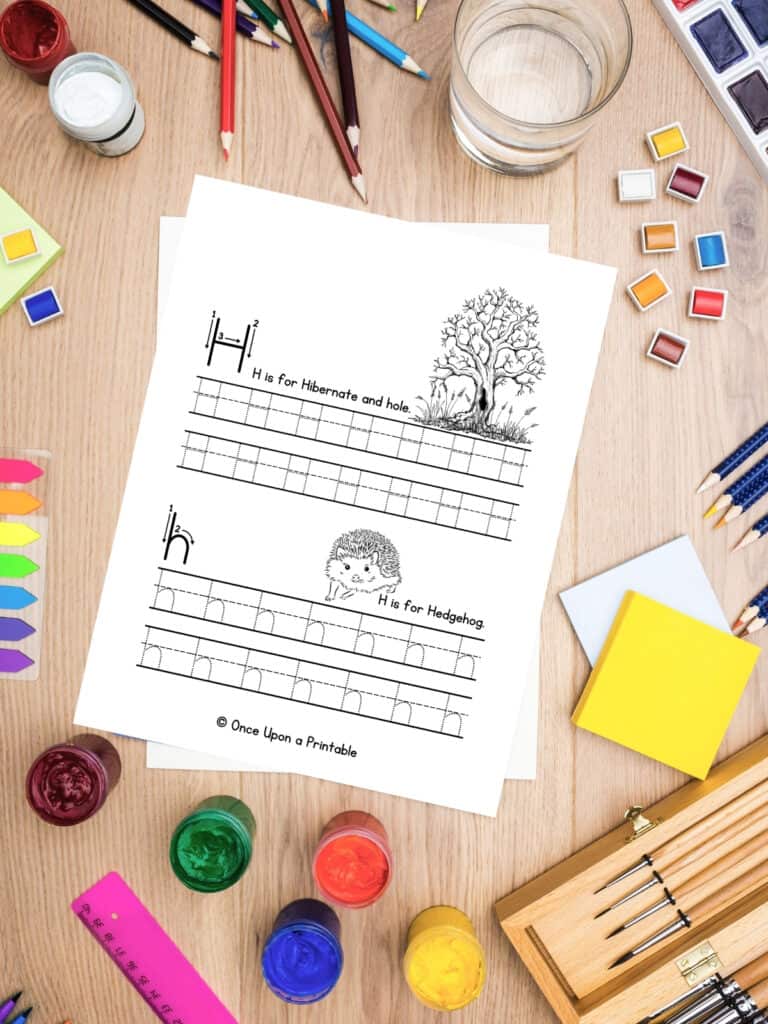 Letter H capital and lowercase letter practice with a hedgehog and their home, a hole in a tree. 