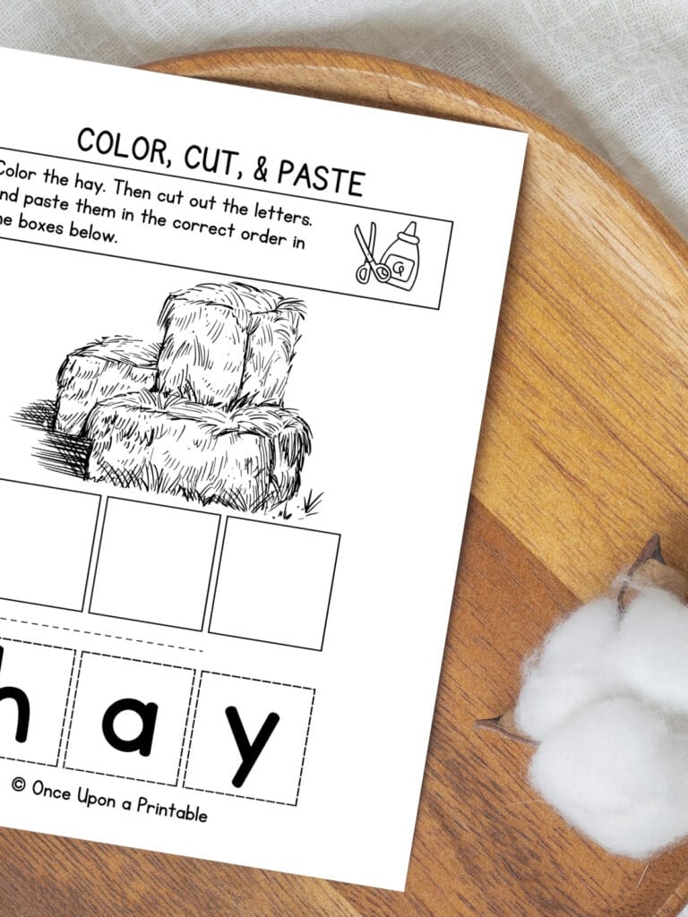 H is for Hay color, cut, and paste worksheet. 