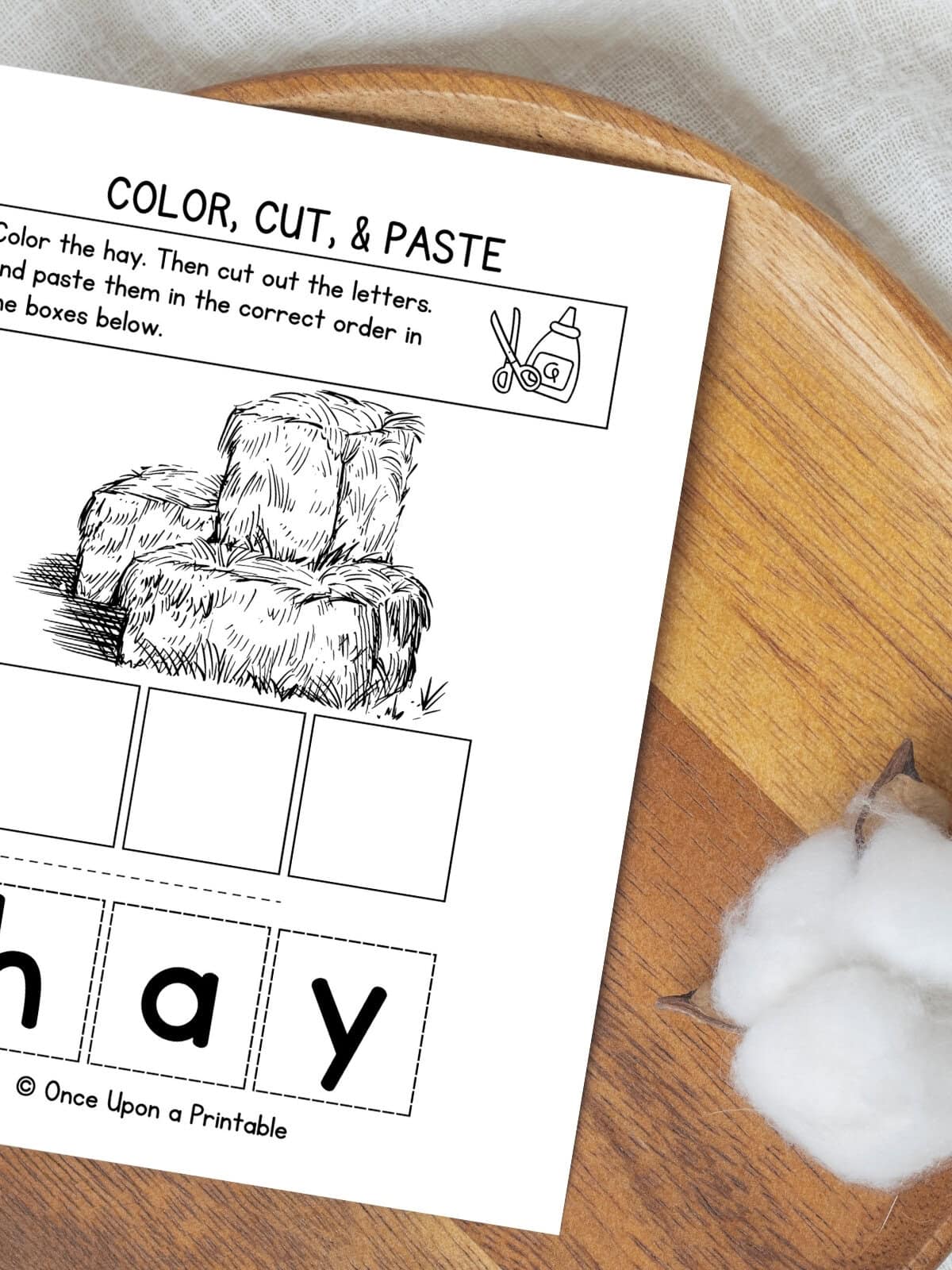 H is for Hay color, cut, and paste worksheet. 