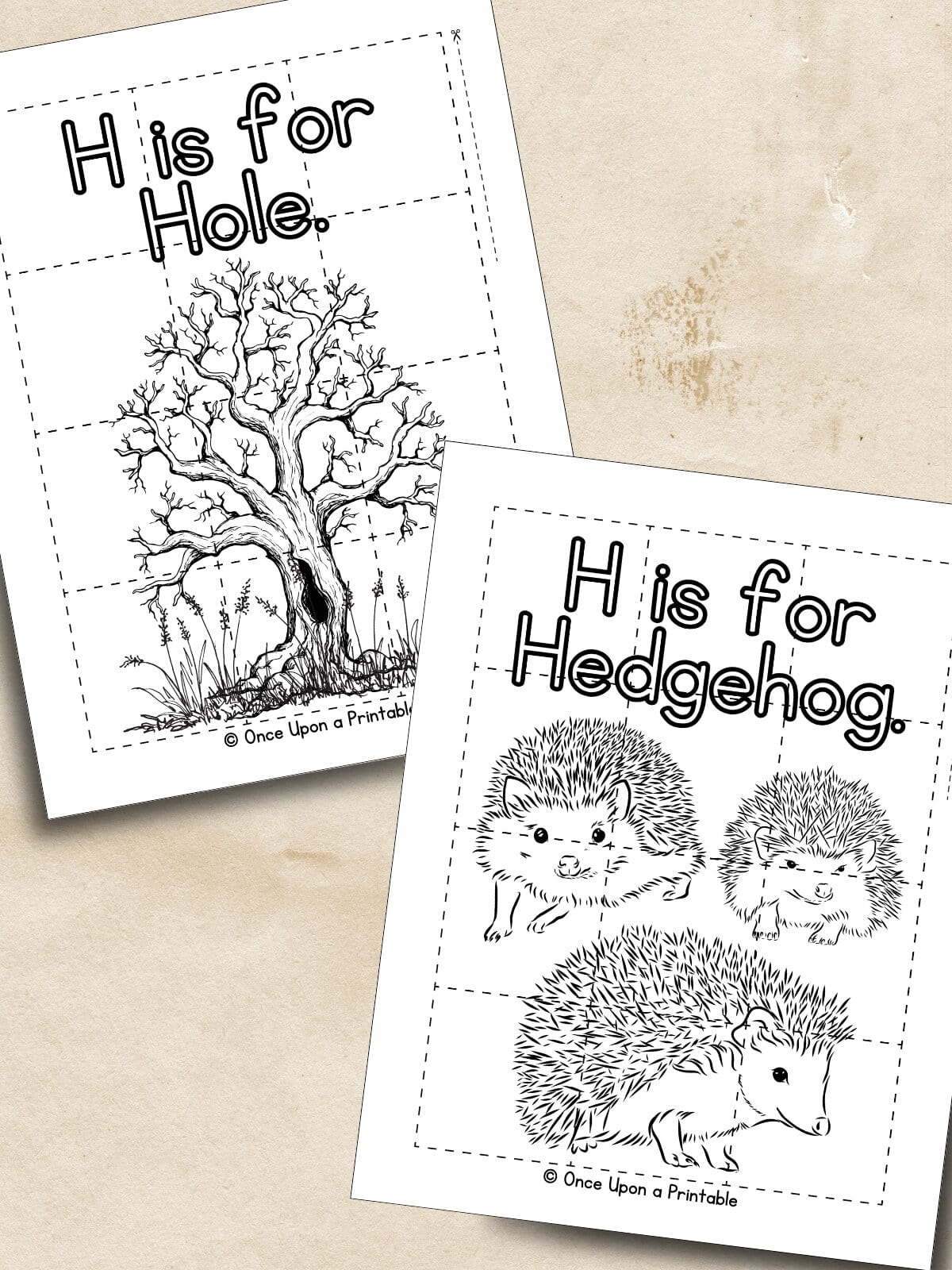 Letter H hole and hedgehog puzzle activities laying on a cream background.
