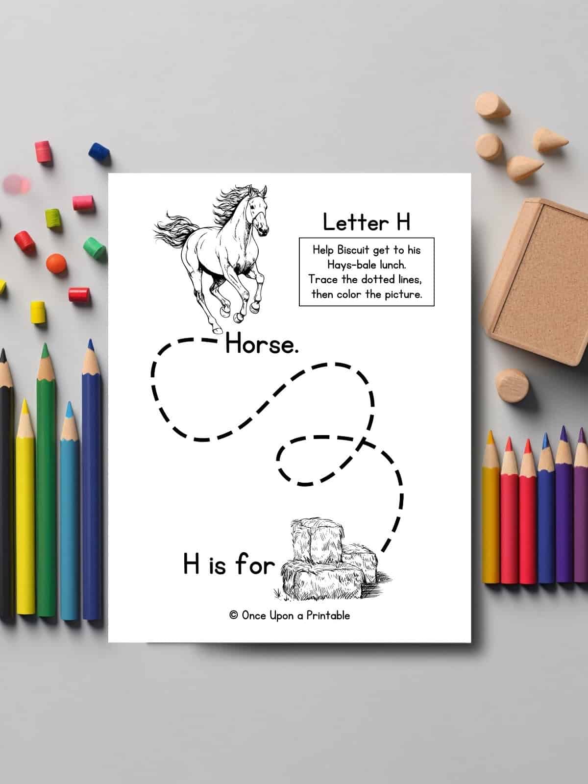 Letter H line tracing activity coloring page with coloring pencils. 