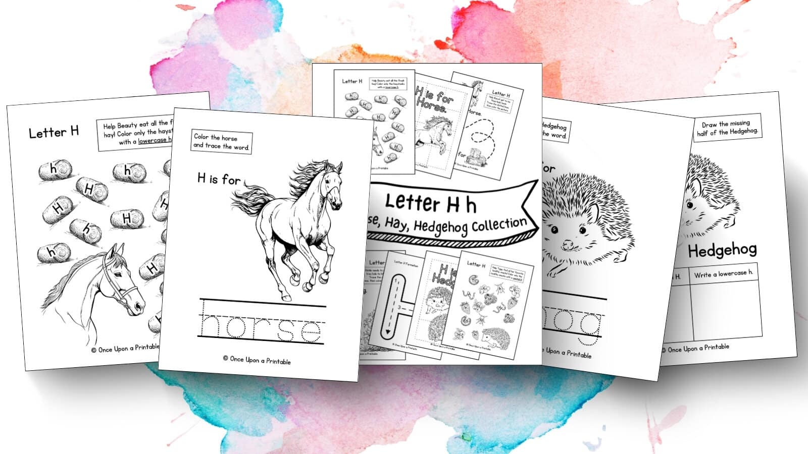 Letter H unit study worksheets for preschool and kindergarten with horses and hedgehog graphics. 
