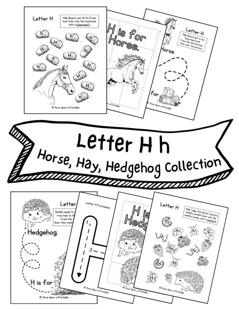 Letter H collection cover page with horses and hedgehog graphics.