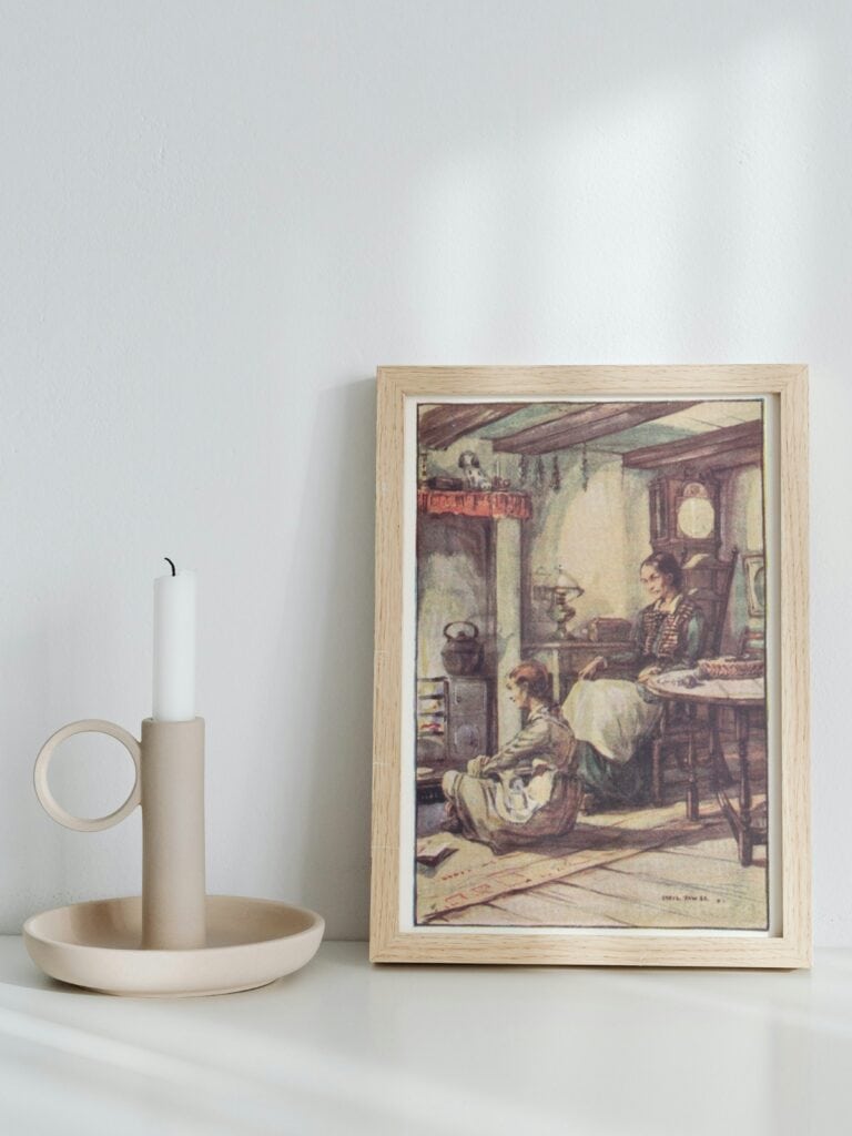 Marilla and Anne shirley at the fire place illustration art print framed.