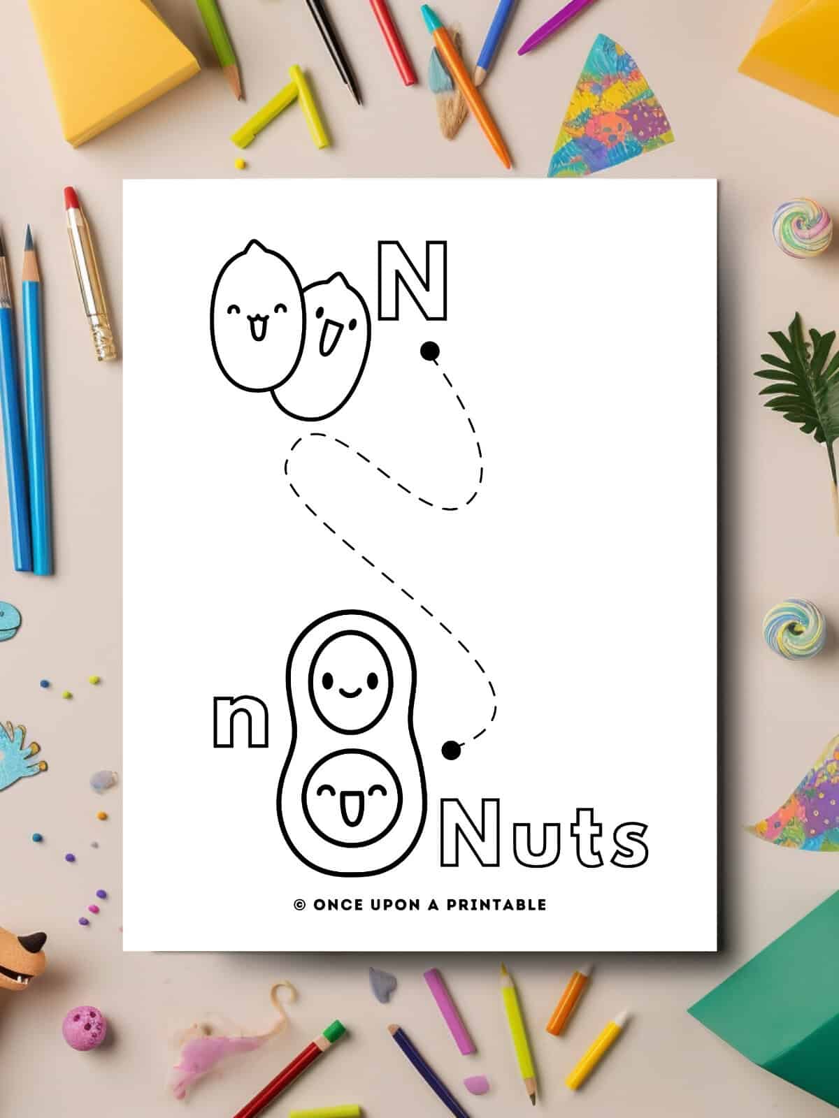N is for Nuts! Line tracing worksheet for kids.