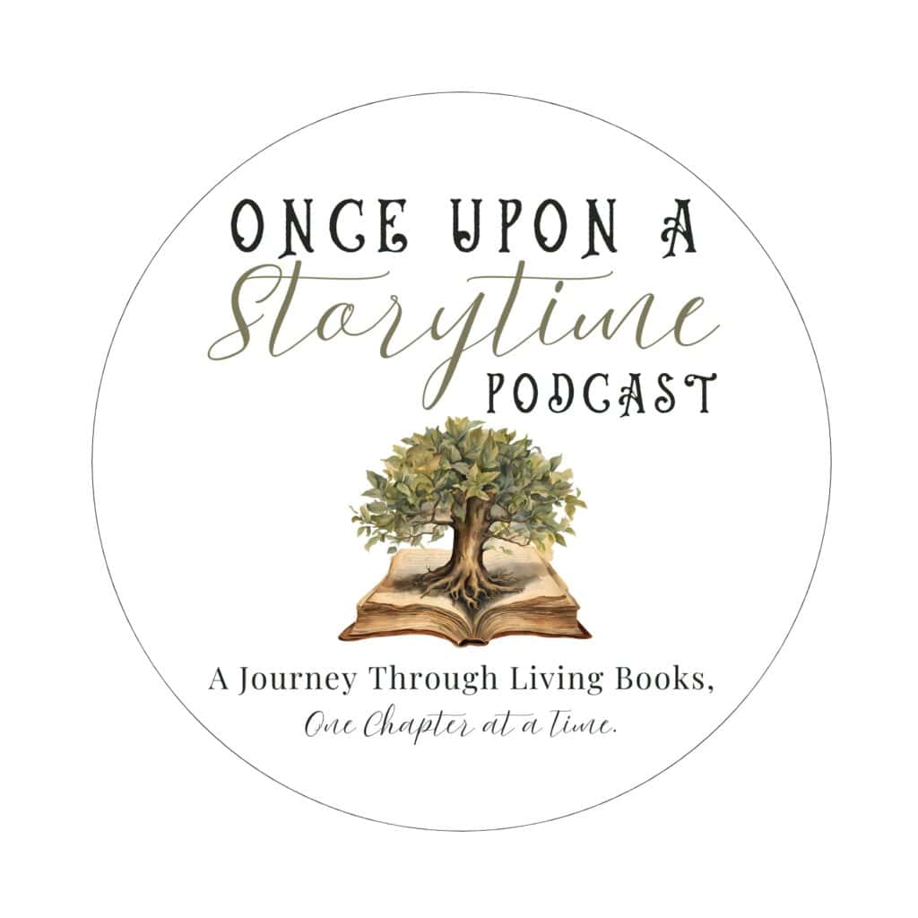 Once upon a storytime podcast logo with a tree growing out of a book.