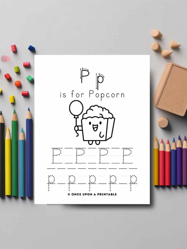 P is for Popcorn coloring letter tracing worksheet for kids.
