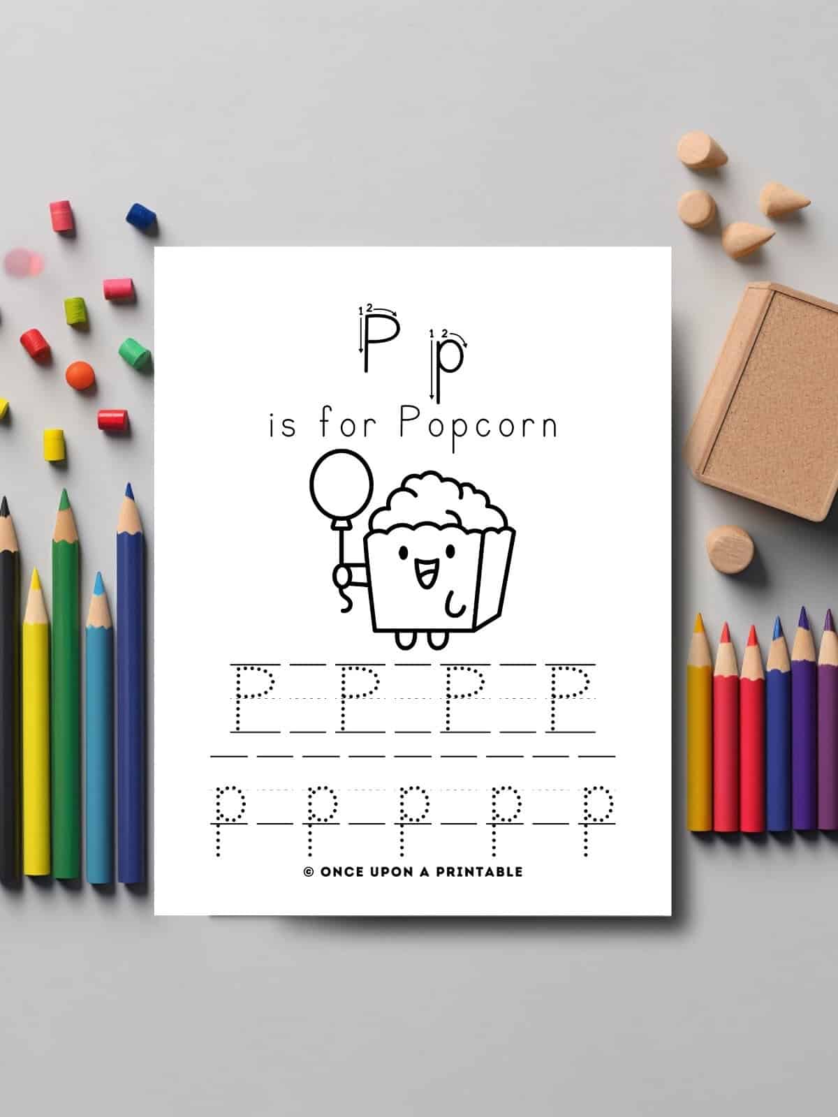 P is for Popcorn coloring letter tracing worksheet for kids.