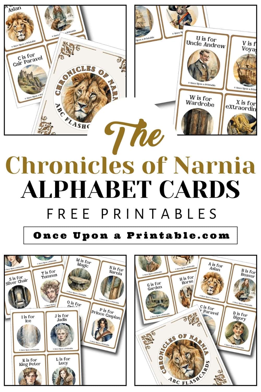 The Chronicles of narnia ABC Flashcard printables laying together on a white surface.