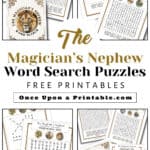 The Magician's Nephew word search puzzles with aslan as the front cover.