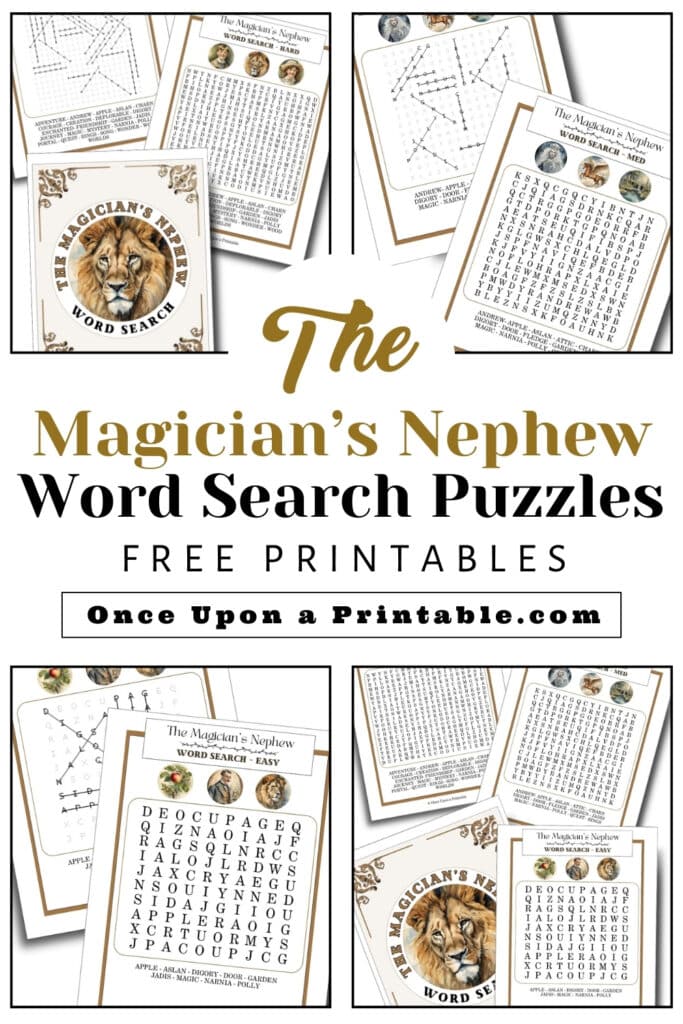 The Magician's Nephew word search puzzles with aslan as the front cover.