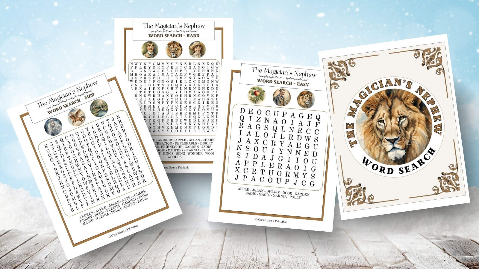 Collection of three word searches from the book the magician's nephew. 