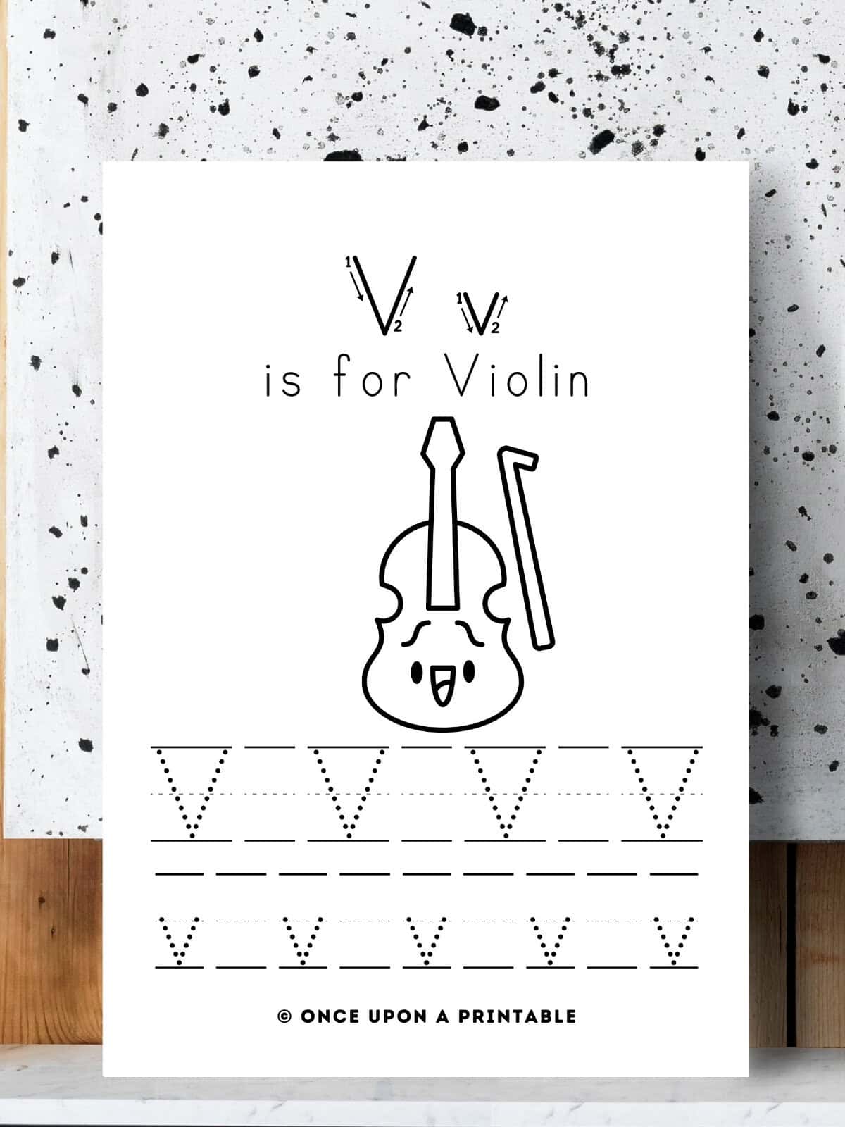 V is for Violin letter tracing coloring page for kids. 