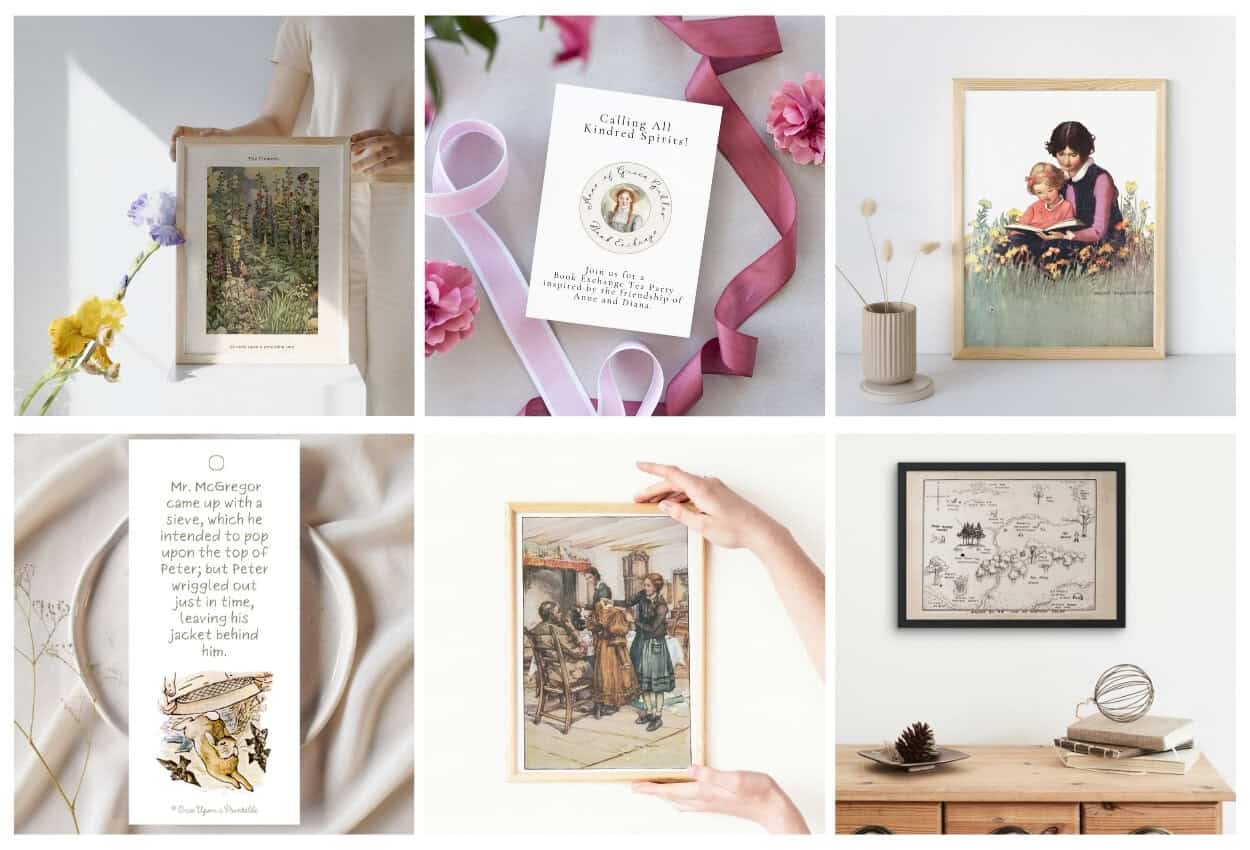 Photo collage of free printables in the free membership at once upon a printable. Vintage illustrated prints.