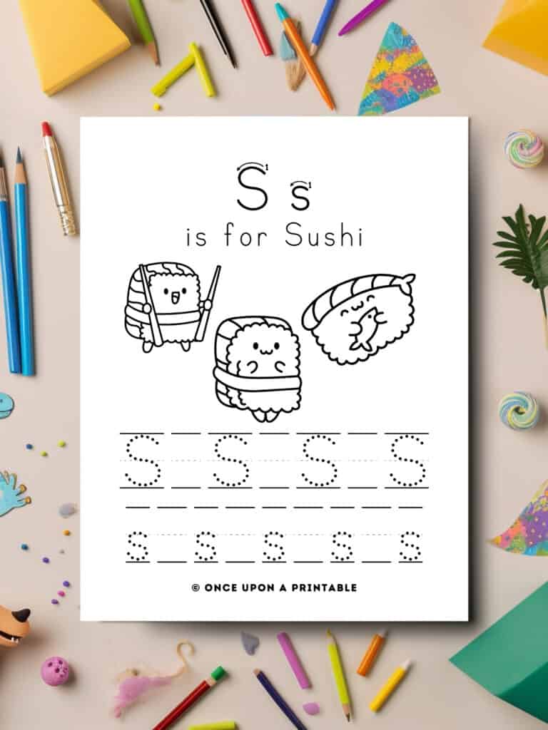 S is for Sushi letter tracing worksheet for kids to color.