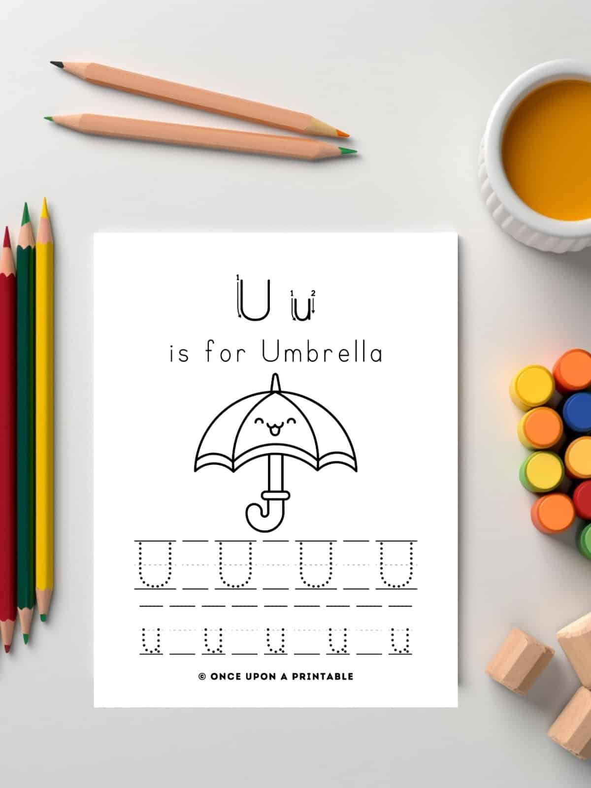 U is for umbrella coloring page with abc tracing lines for kids. 
