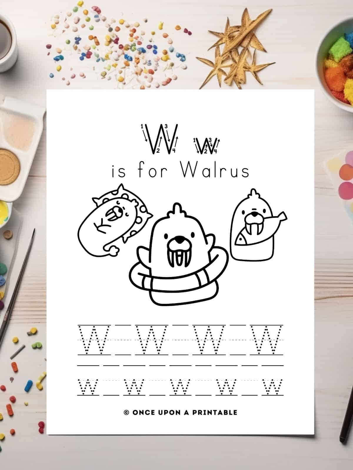 W is for Walrus coloring letter tracing pages with fun Kawaii style graphics.