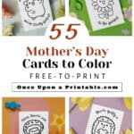 Mother's day cards to color for kids and adults, fun kawaii style graphics.
