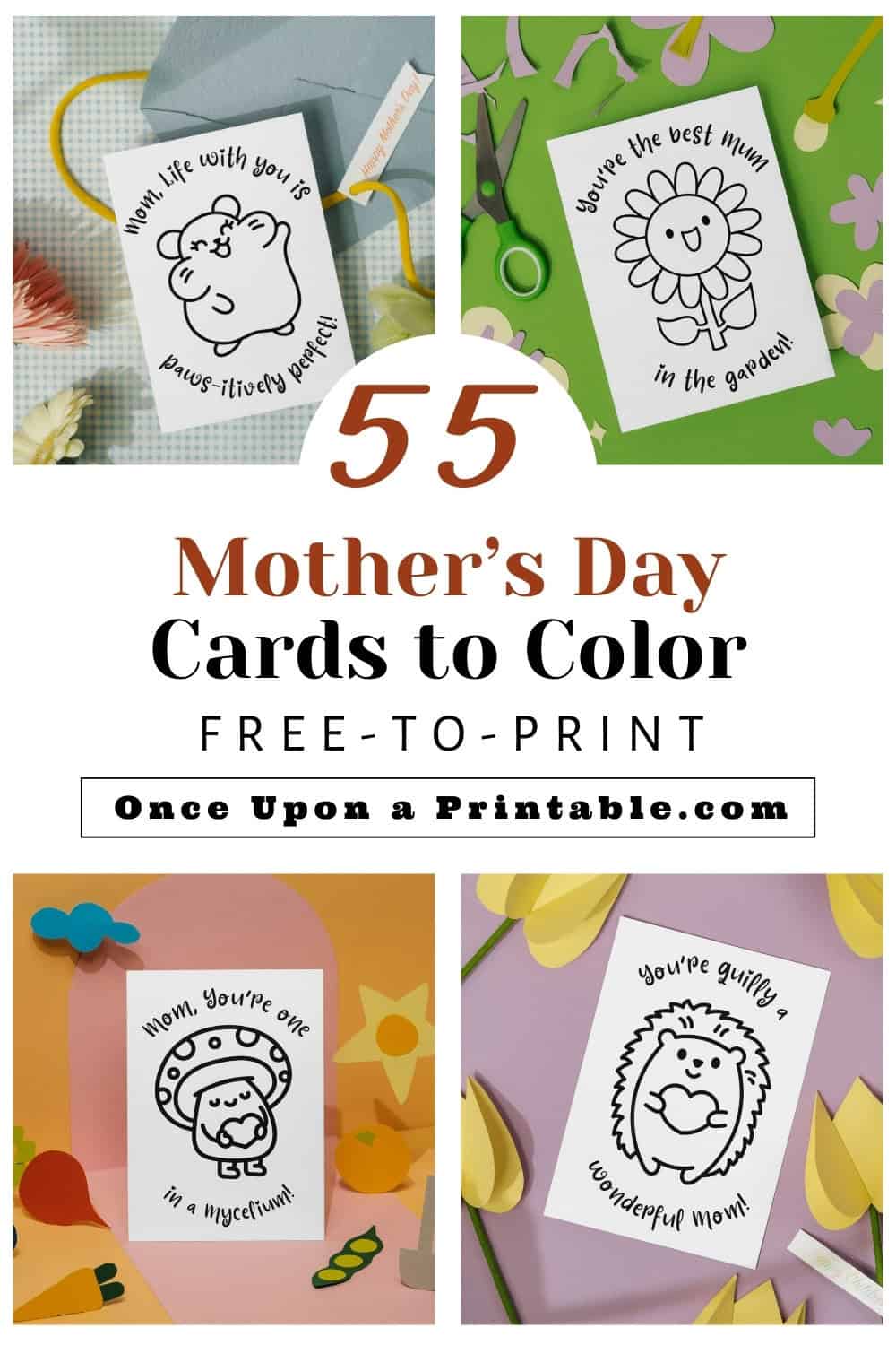 Mother's day cards to color for kids and adults, fun kawaii style graphics. 
