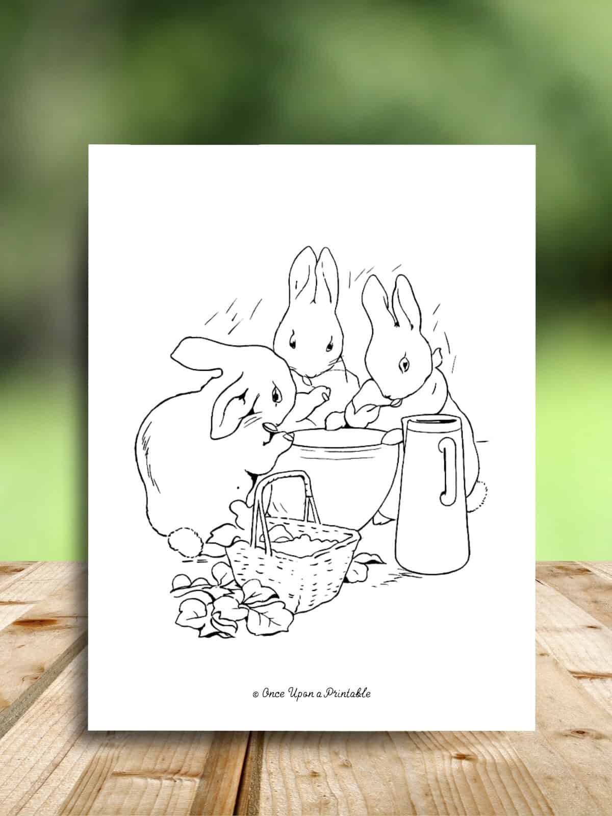 a coloring page of flopsy, mopsy, and cottontail eating cream and blackberries. 